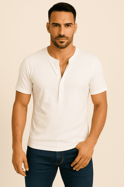 Koszulka męska Henley biała – t-shirt z guzikami, bawełna premium - DANNY