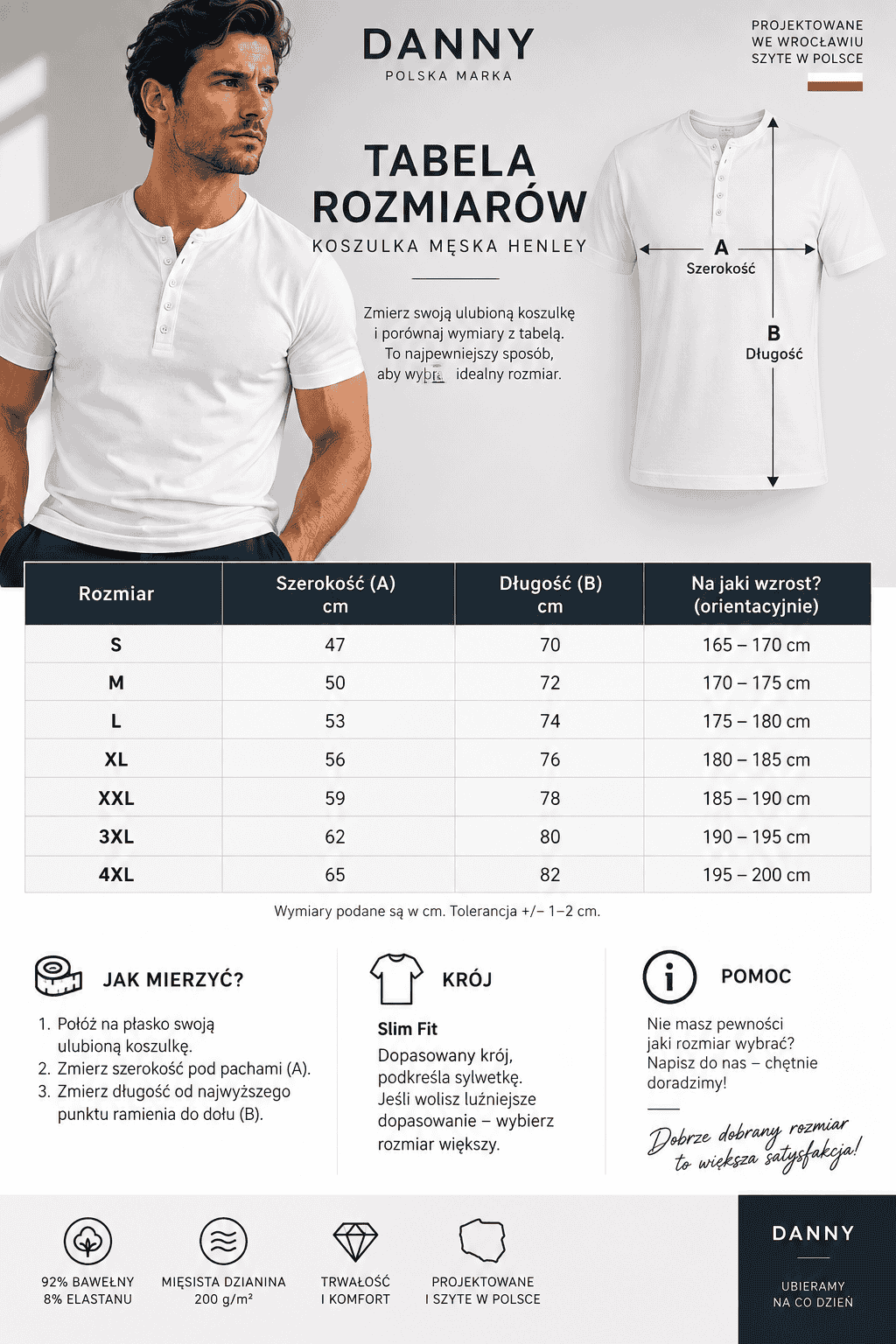 Tabela rozmiarów białej koszulki męskiej Henley DANNY S–4XL