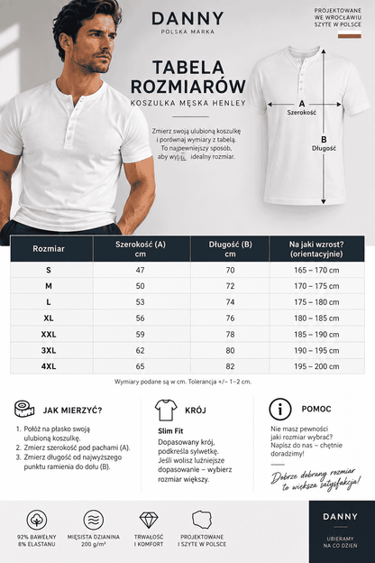 Tabela rozmiarów białej koszulki męskiej Henley DANNY S–4XL
