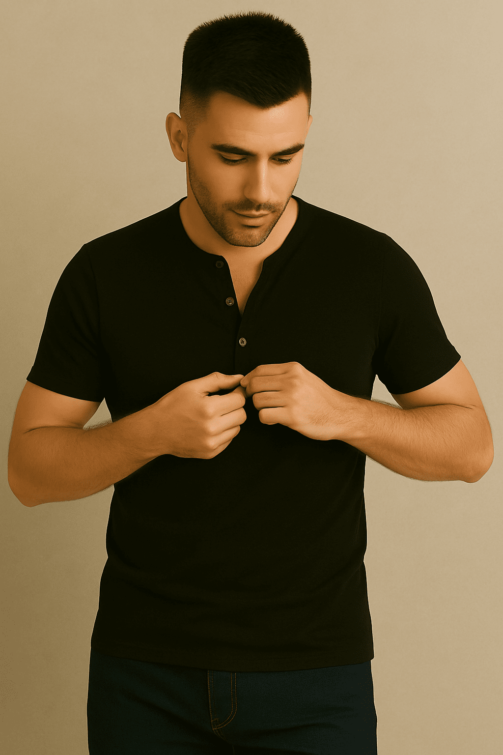 Koszulka męska Henley czarna – t-shirt z guzikami - DANNY