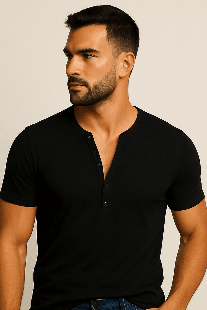 Koszulka męska Henley czarna – t-shirt z guzikami - DANNY