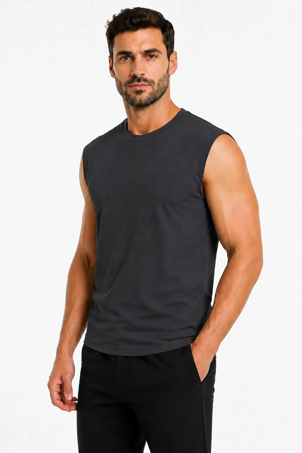 Grafitowy T-shirt męski Muscle DANNY bez rękawów – półprofil