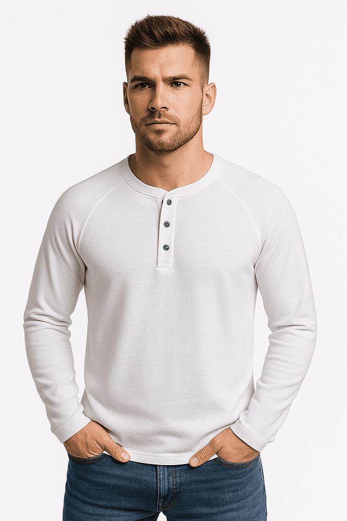 Koszulka męska z długim rękawem biała z guzikami W5507 - DANNY