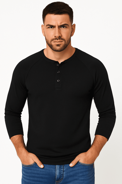 Koszulka męska z długim rękawem z guzikami czarna W5507 - DANNY