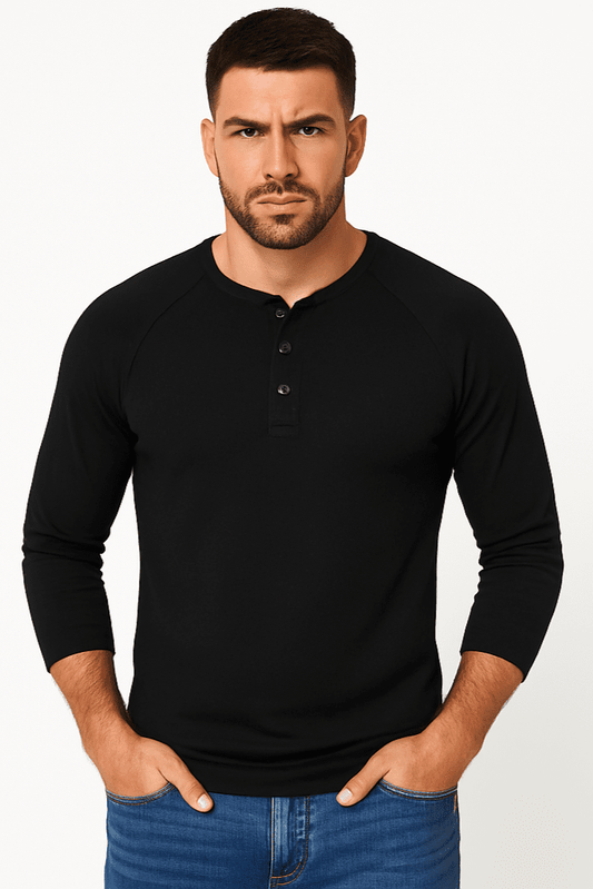 Koszulka męska z długim rękawem z guzikami czarna W5507 - DANNY