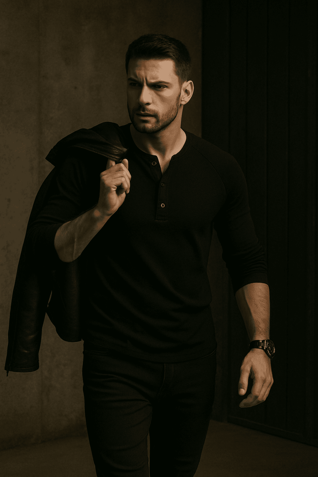 Koszulka męska z długim rękawem z guzikami czarna W5507 - DANNY