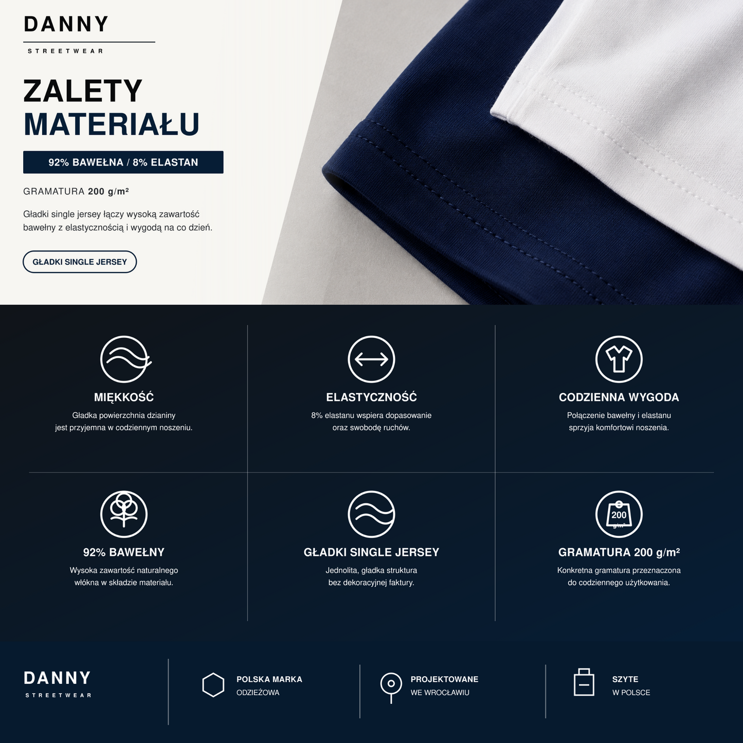 Zalety materiału koszulki DANNY Urban Edge – 92% bawełny, 8% elastanu, 200 g/m²