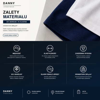 Zalety materiału koszulki DANNY Urban Edge – 92% bawełny, 8% elastanu, 200 g/m²