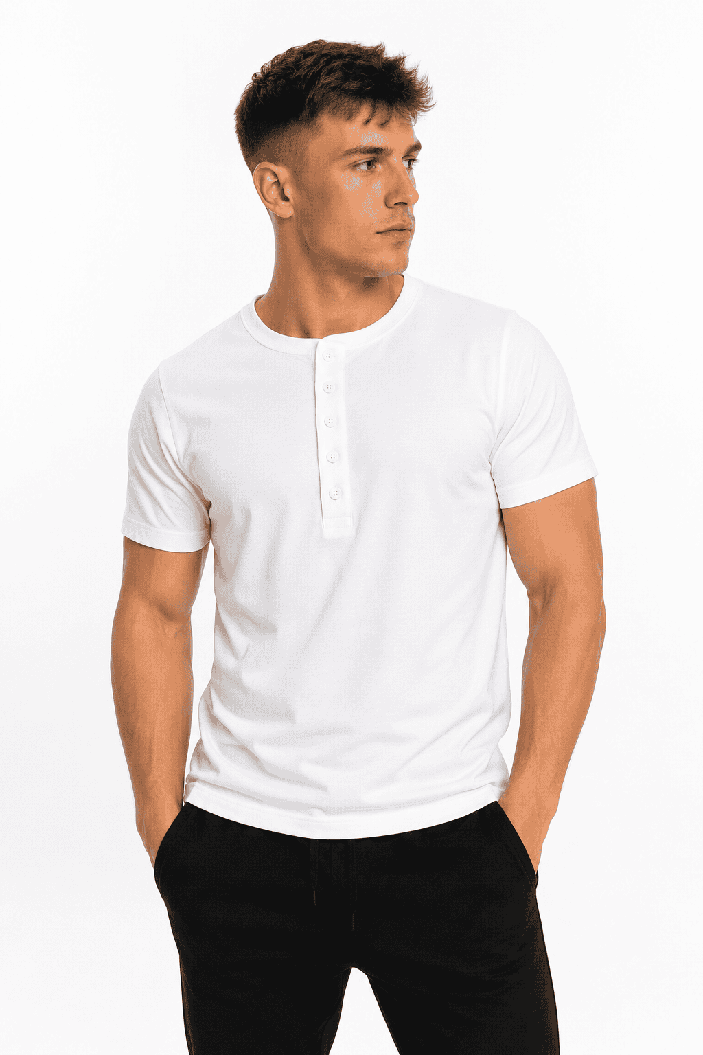 Koszulka męska Henley biała – t-shirt z guzikami, bawełna premium przod