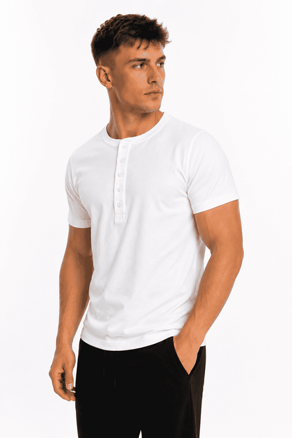 Koszulka męska Henley biała – t-shirt z guzikami, bawełna premium profil