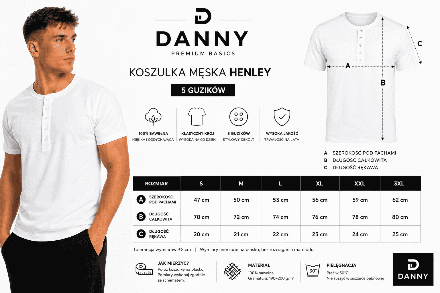 Koszulka męska Henley biała – t-shirt z guzikami, bawełna premium tabela