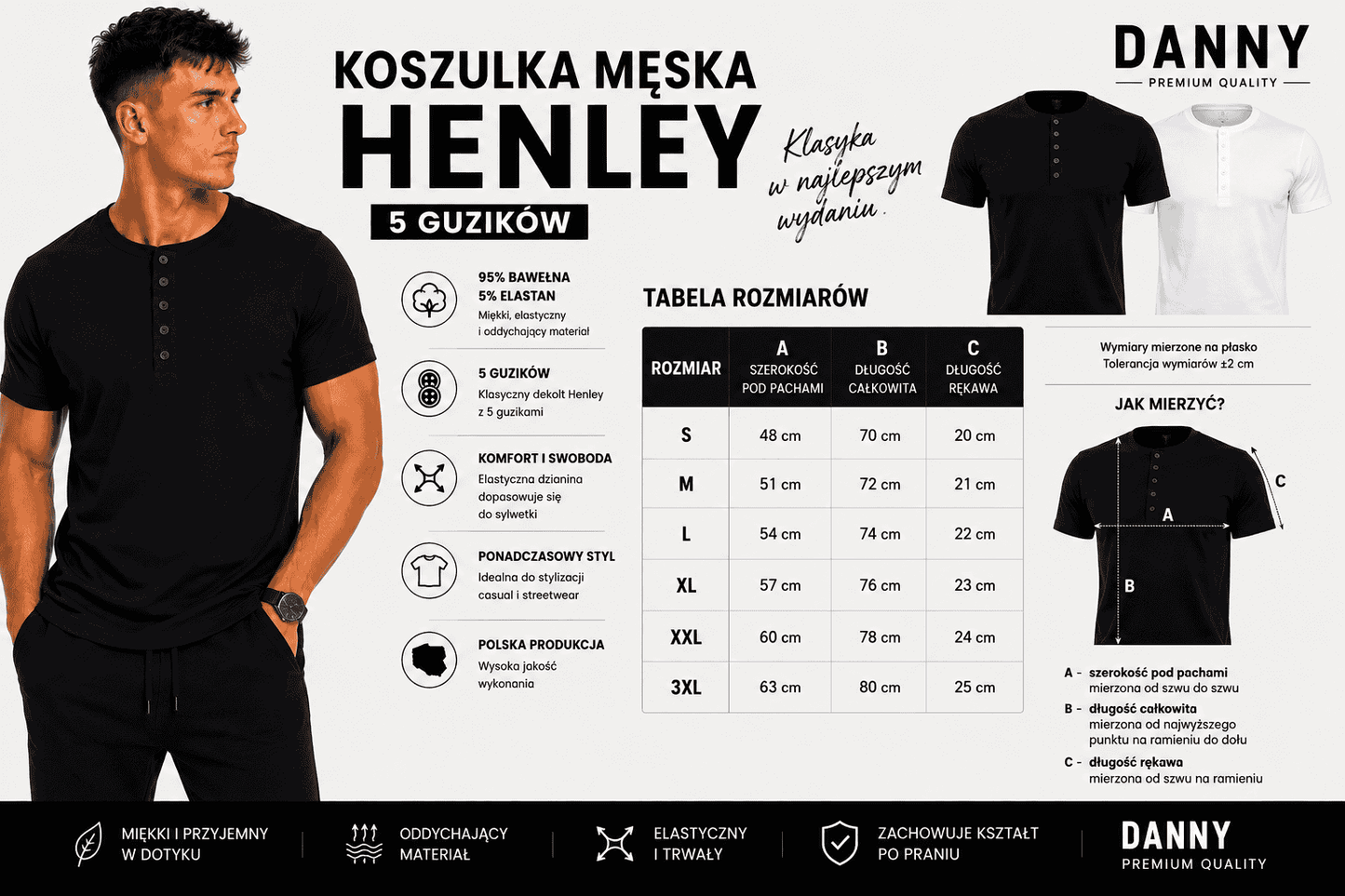 Koszulka męska Henley czarna – t-shirt z guzikami Atrakt Sp z O O