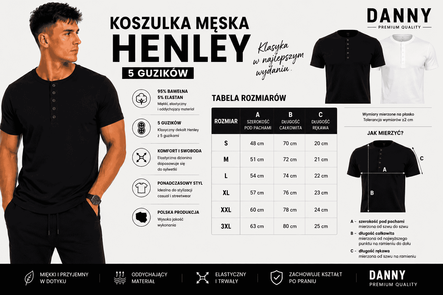 Koszulka męska Henley czarna – t-shirt z guzikami Atrakt Sp z O O