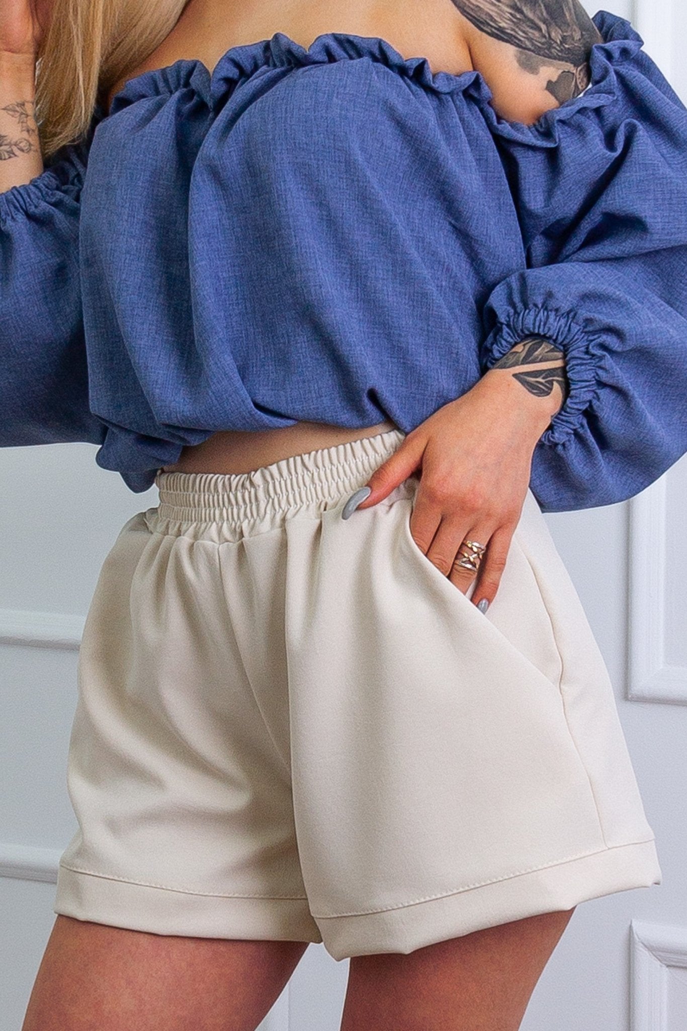 Lniane szorty damskie beżowe S89 - DANNY