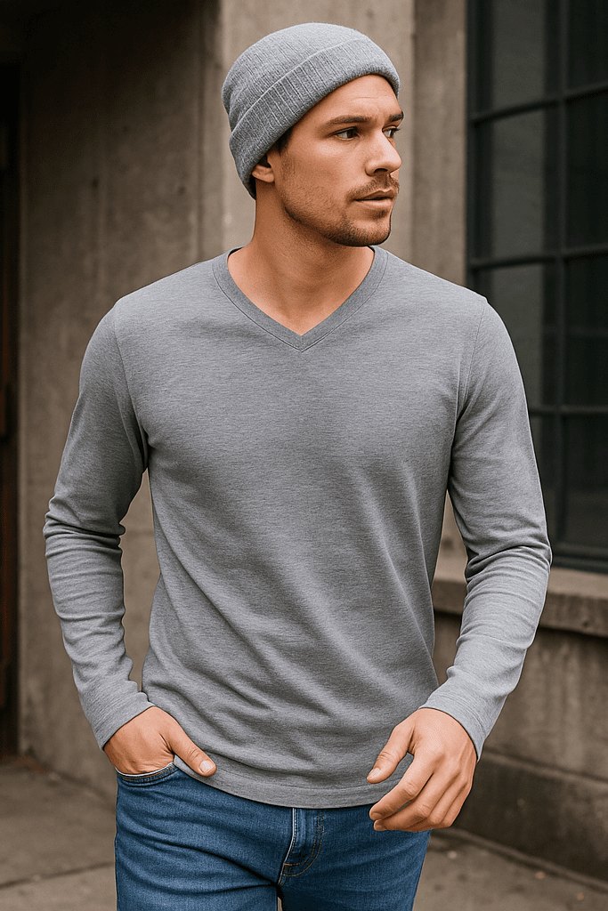 Longsleeve męski szary melanż z dekoltem V LSV - szary - DANNY