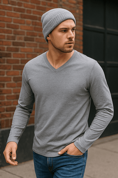 Longsleeve męski szary melanż z dekoltem V LSV - szary - DANNY