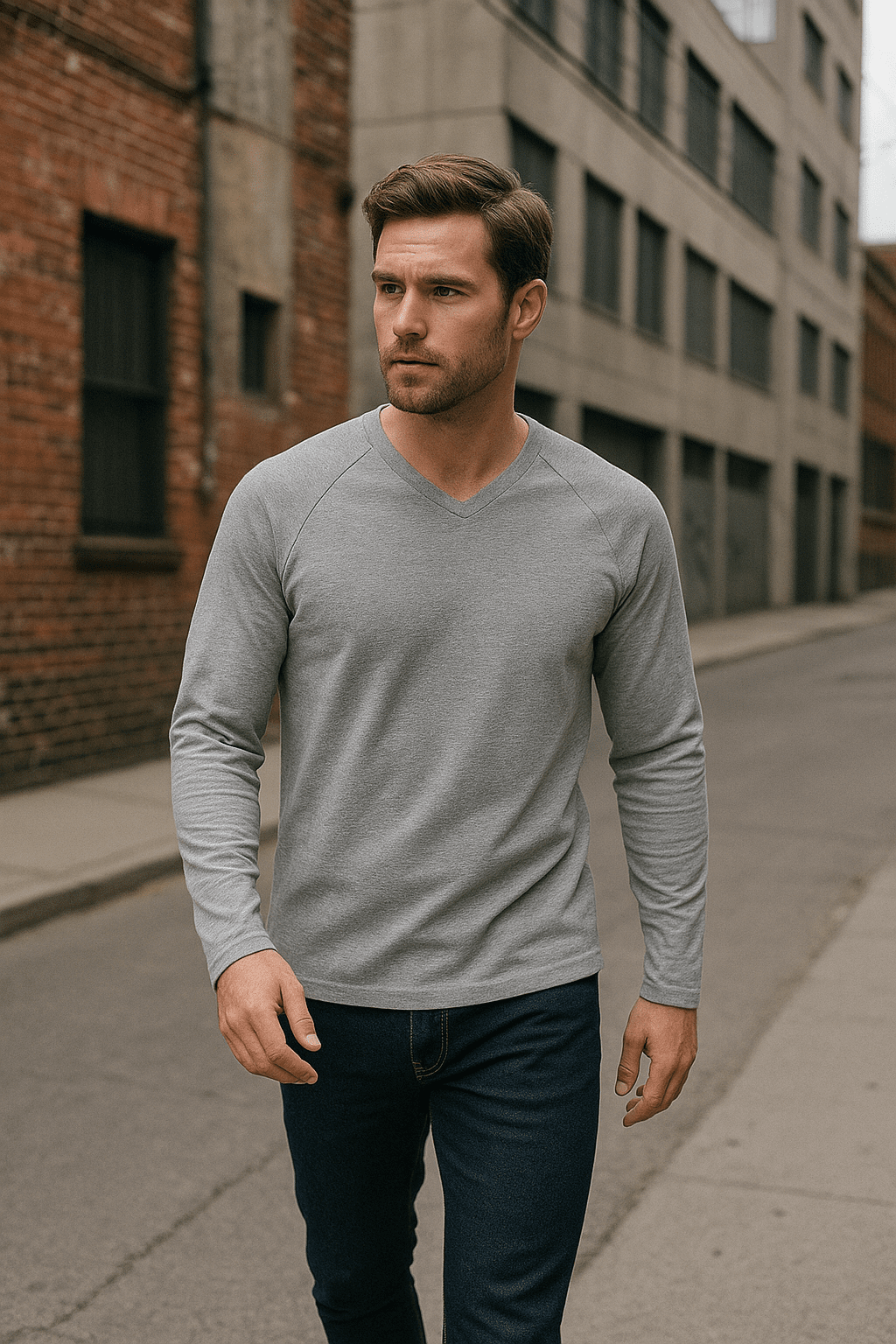 Longsleeve męski szary melanż z dekoltem V LSV - szary - DANNY