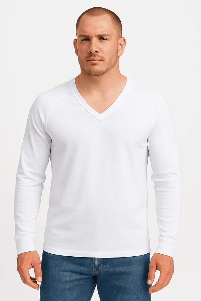 Longsleeve męski biały dekolt V-neck - DANNY