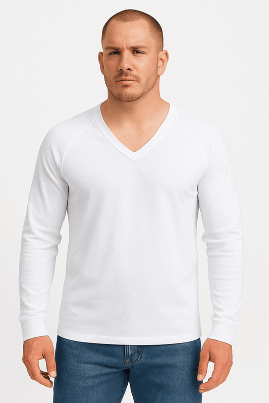 Longsleeve męski biały dekolt V-neck - DANNY