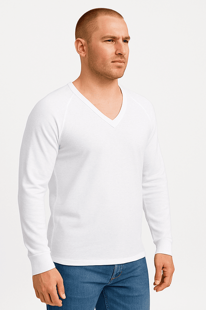 Longsleeve męski biały dekolt V-neck - DANNY