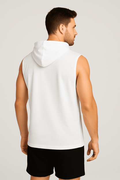 Męski T-shirt Bez Rękawów z Kapturem Biały W5505 - DANNY