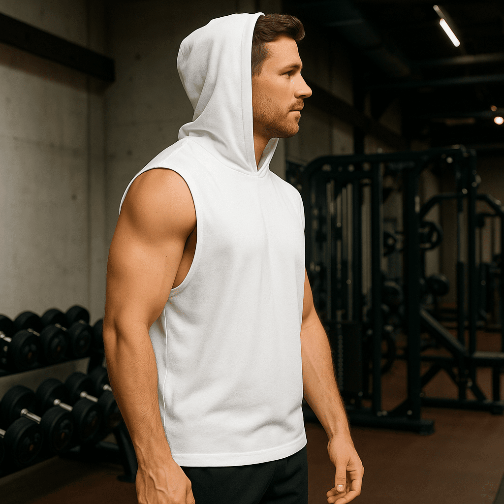 Męski T-shirt Bez Rękawów z Kapturem Biały W5505 - DANNY