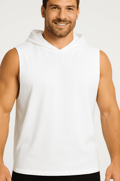 Męski T-shirt Bez Rękawów z Kapturem Biały W5505 - DANNY