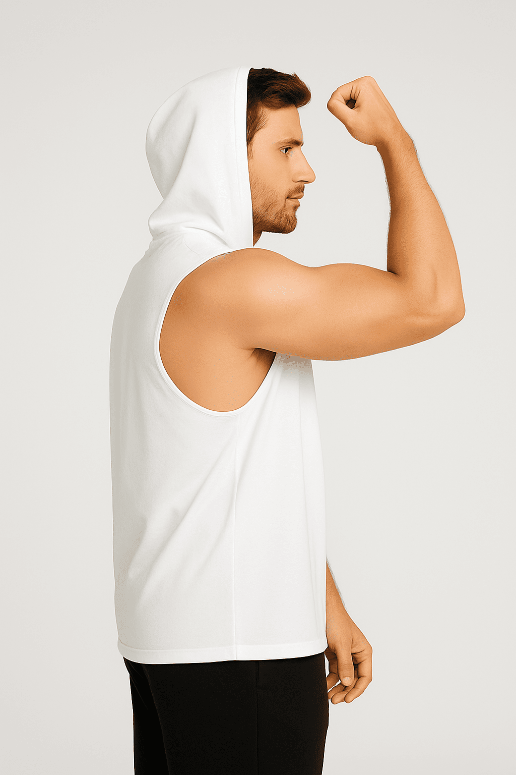 Męski T-shirt Bez Rękawów z Kapturem Biały W5505 - DANNY