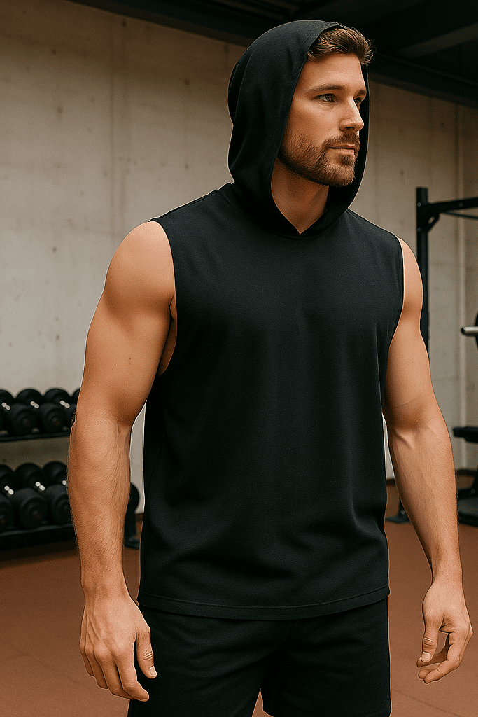 Męski T-shirt Bez Rękawów z Kapturem Czarny W5505 - DANNY