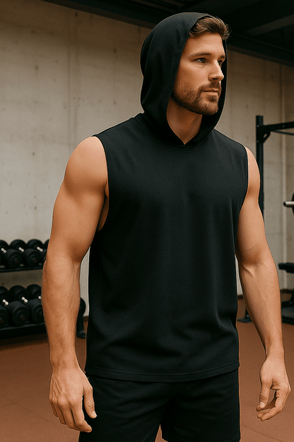 Męski T-shirt Bez Rękawów z Kapturem Czarny W5505 - DANNY