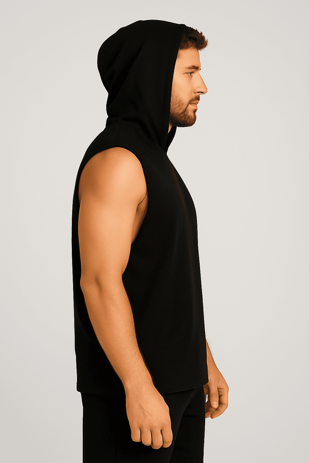 Męski T-shirt Bez Rękawów z Kapturem Czarny W5505 - DANNY