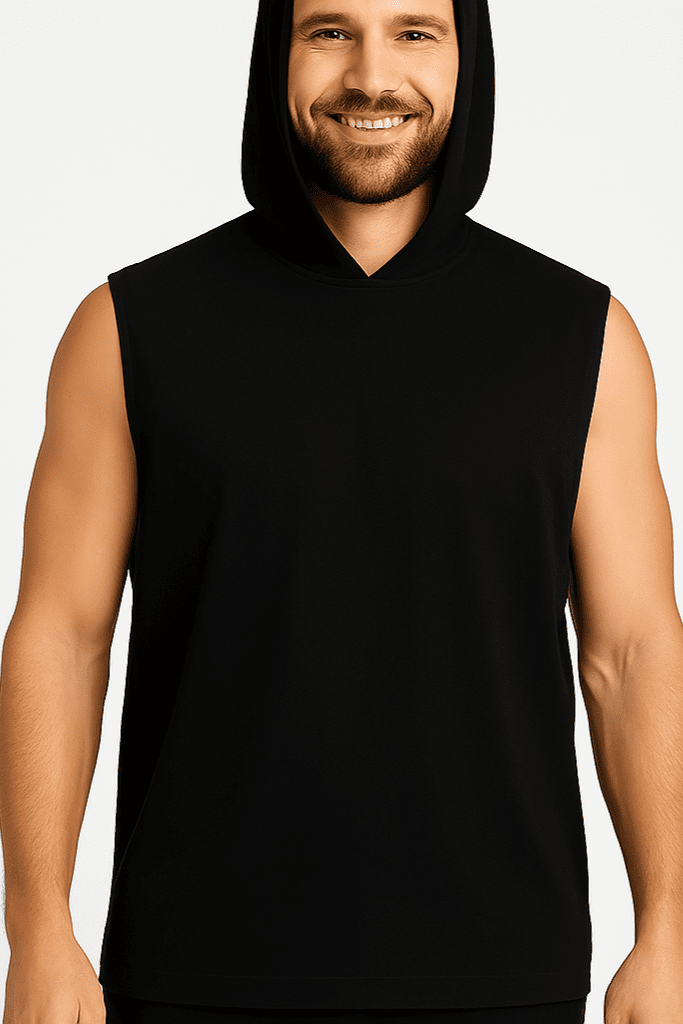 Męski T-shirt Bez Rękawów z Kapturem Czarny W5505 - DANNY