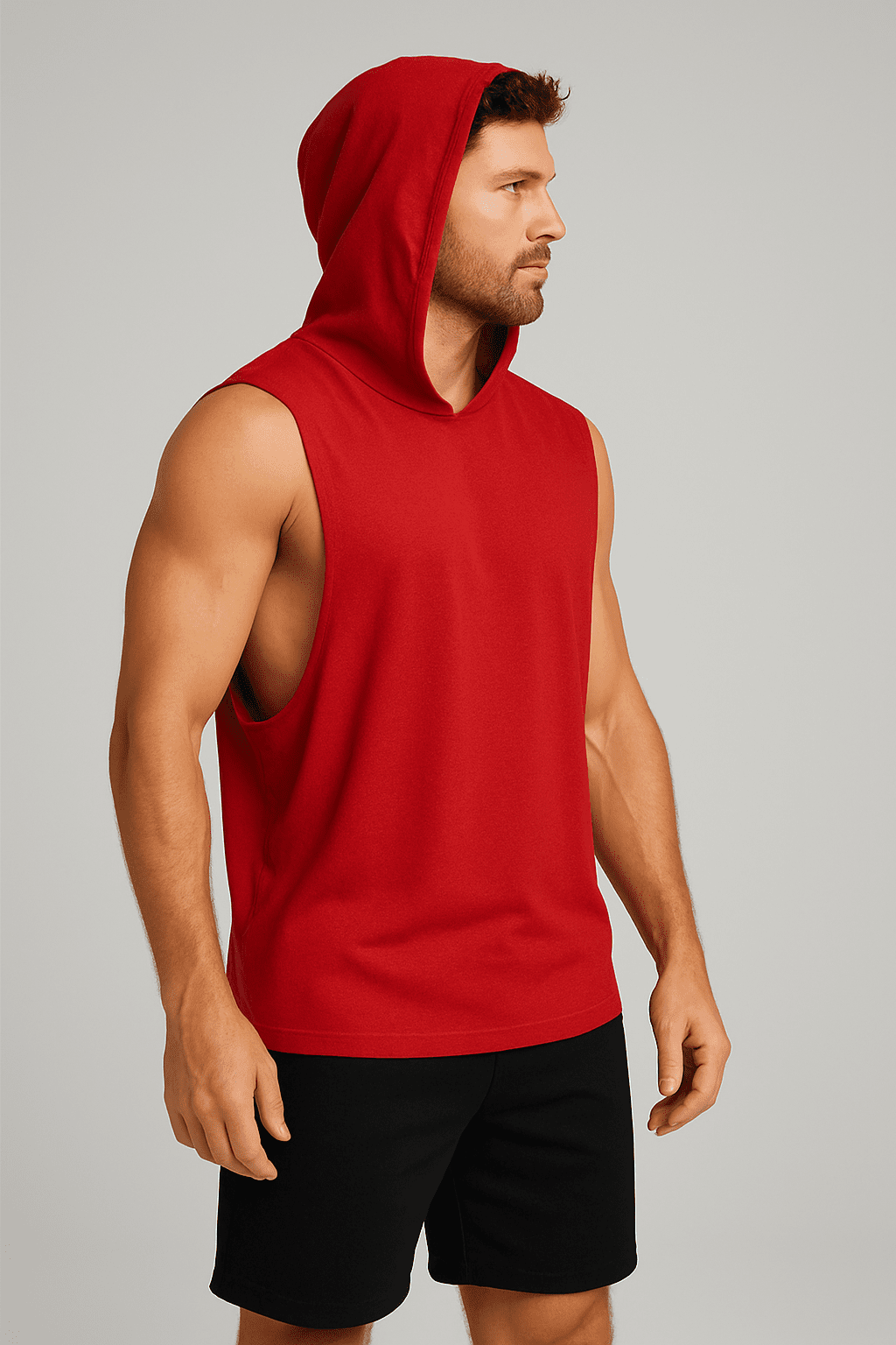 Męski T-shirt Bez Rękawów z Kapturem Czerwony W5505 - DANNY