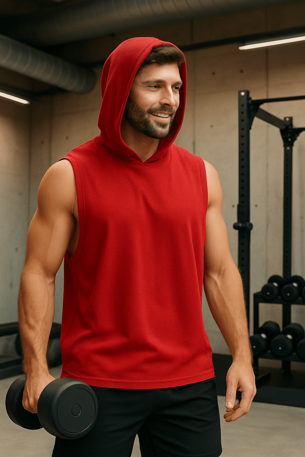 Męski T-shirt Bez Rękawów z Kapturem Czerwony W5505 - DANNY