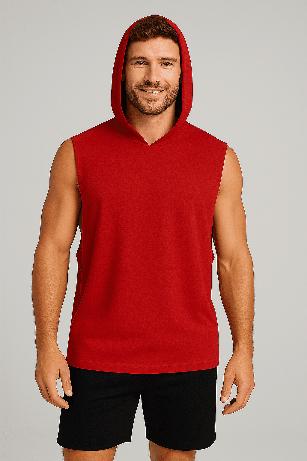 Męski T-shirt Bez Rękawów z Kapturem Czerwony W5505 - DANNY