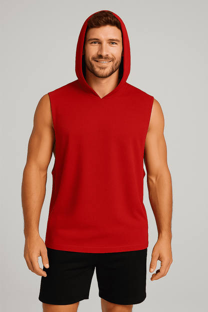 Męski T-shirt Bez Rękawów z Kapturem Czerwony W5505 - DANNY