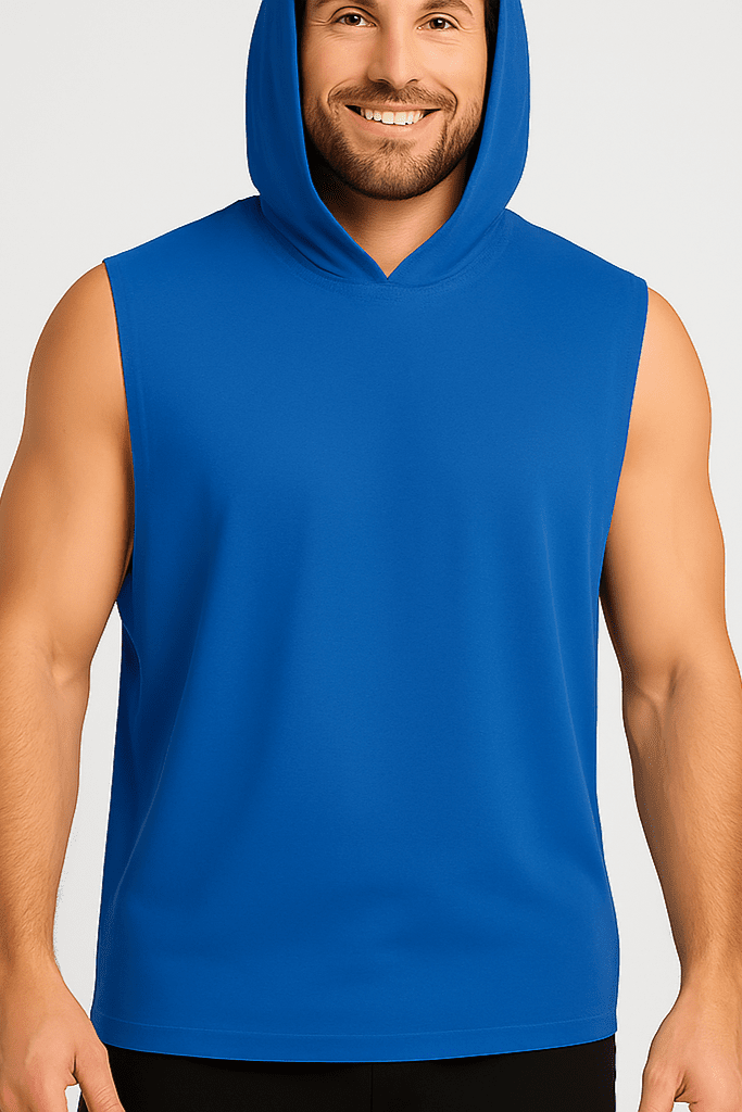 Męski T-shirt Bez Rękawów z Kapturem Niebieski W5505 - DANNY