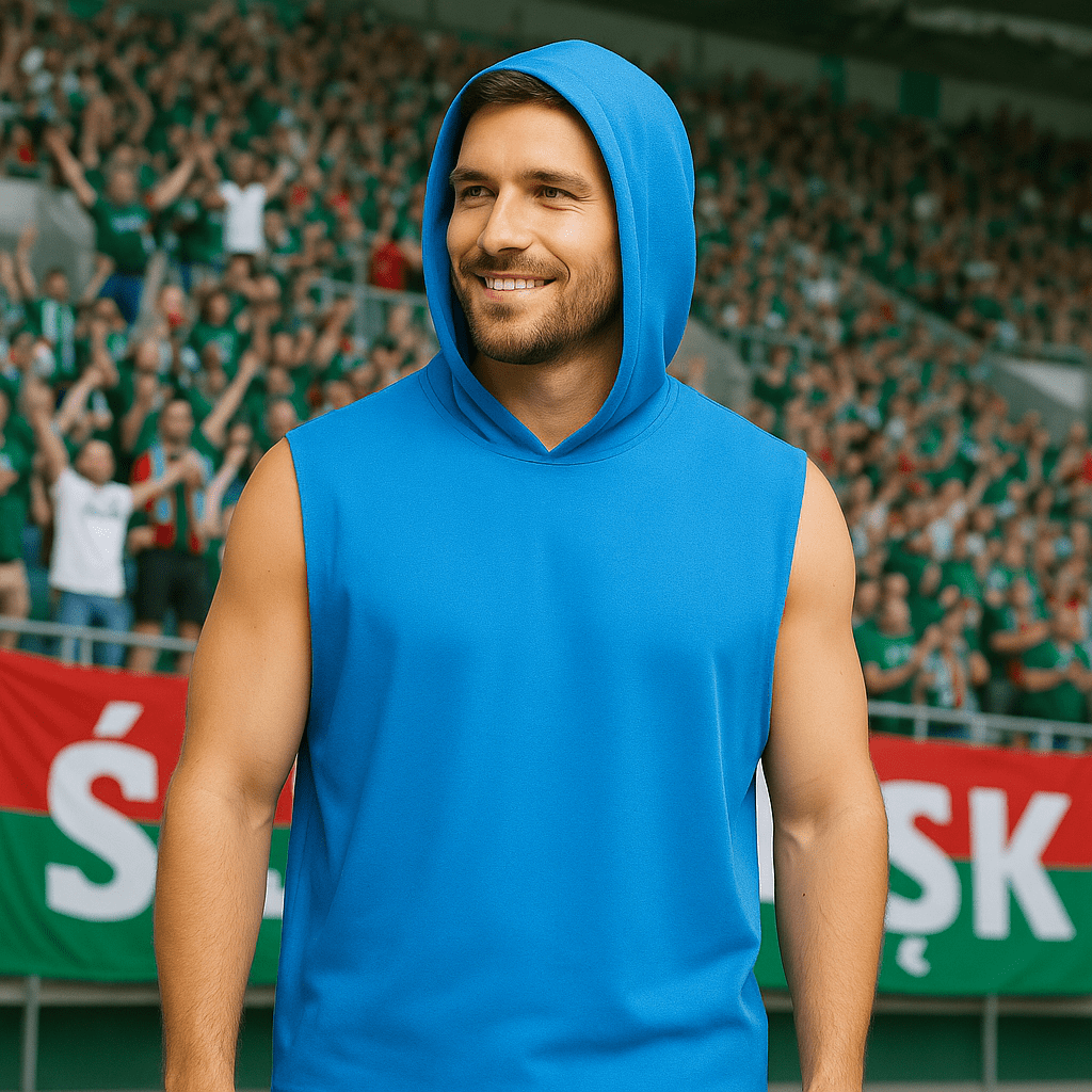 Męski T-shirt Bez Rękawów z Kapturem Niebieski W5505 - DANNY