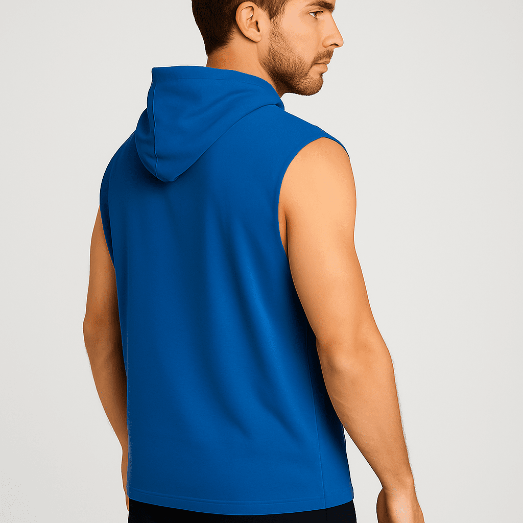 Męski T-shirt Bez Rękawów z Kapturem Niebieski W5505 - DANNY