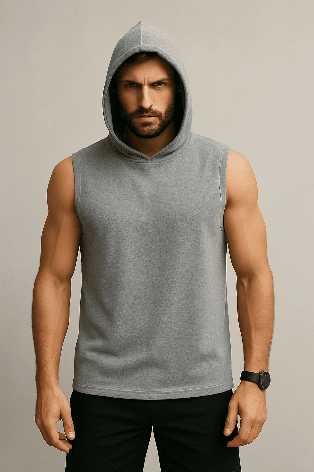 Męski T-shirt Bez Rękawów z Kapturem szary W5505 - DANNY