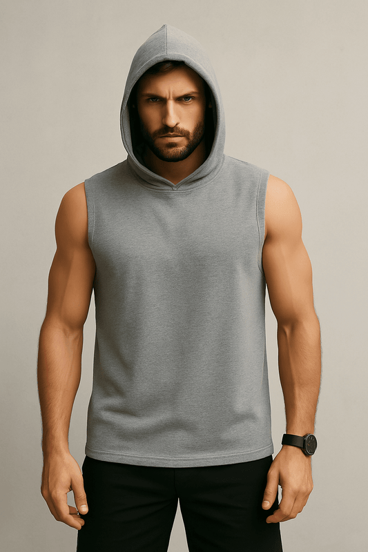 Męski T-shirt Bez Rękawów z Kapturem szary W5505 - DANNY