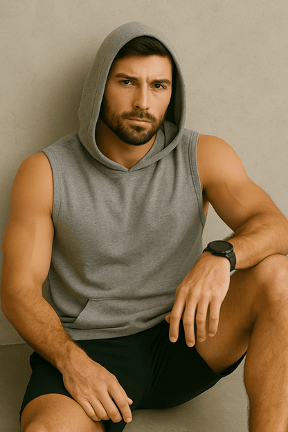 Męski T-shirt Bez Rękawów z Kapturem szary W5505 - DANNY