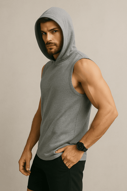 Męski T-shirt Bez Rękawów z Kapturem szary W5505 - DANNY