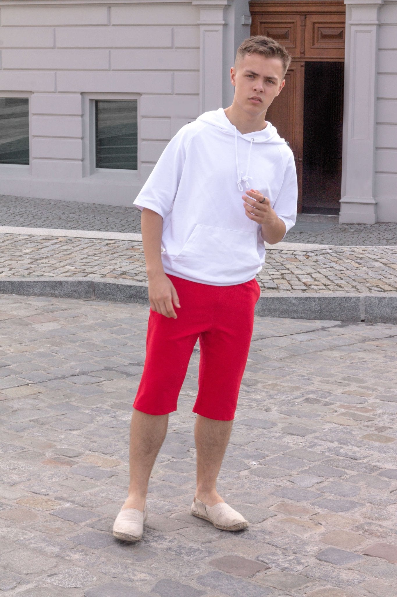 Spodenki męskie za kolano dresowe czerwone W5401 - DANNY