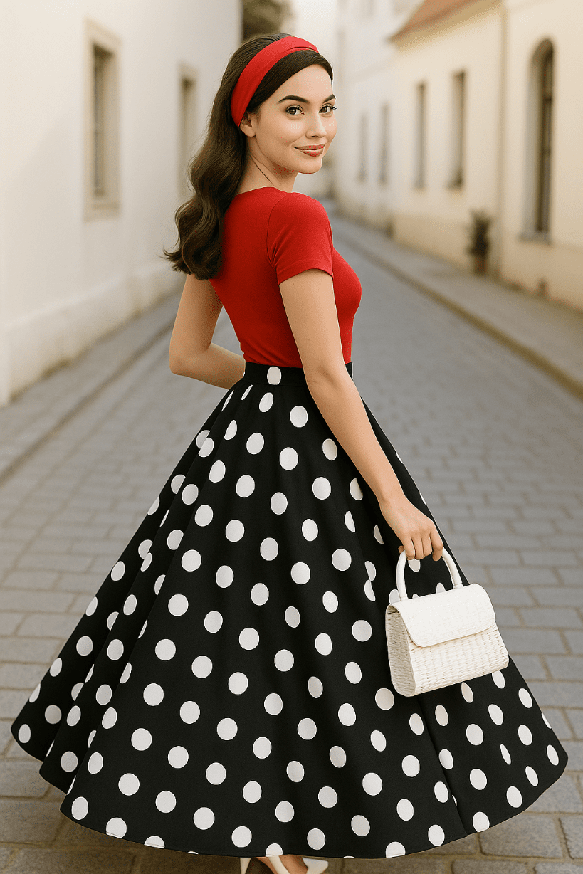 Spódnica Retro maxi w groszki czarna - DANNY