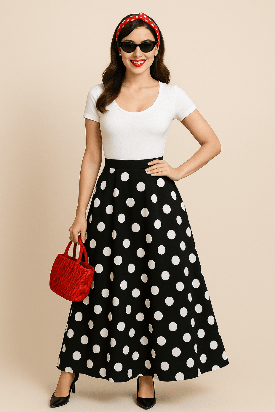 Spódnica Retro maxi w groszki czarna - DANNY