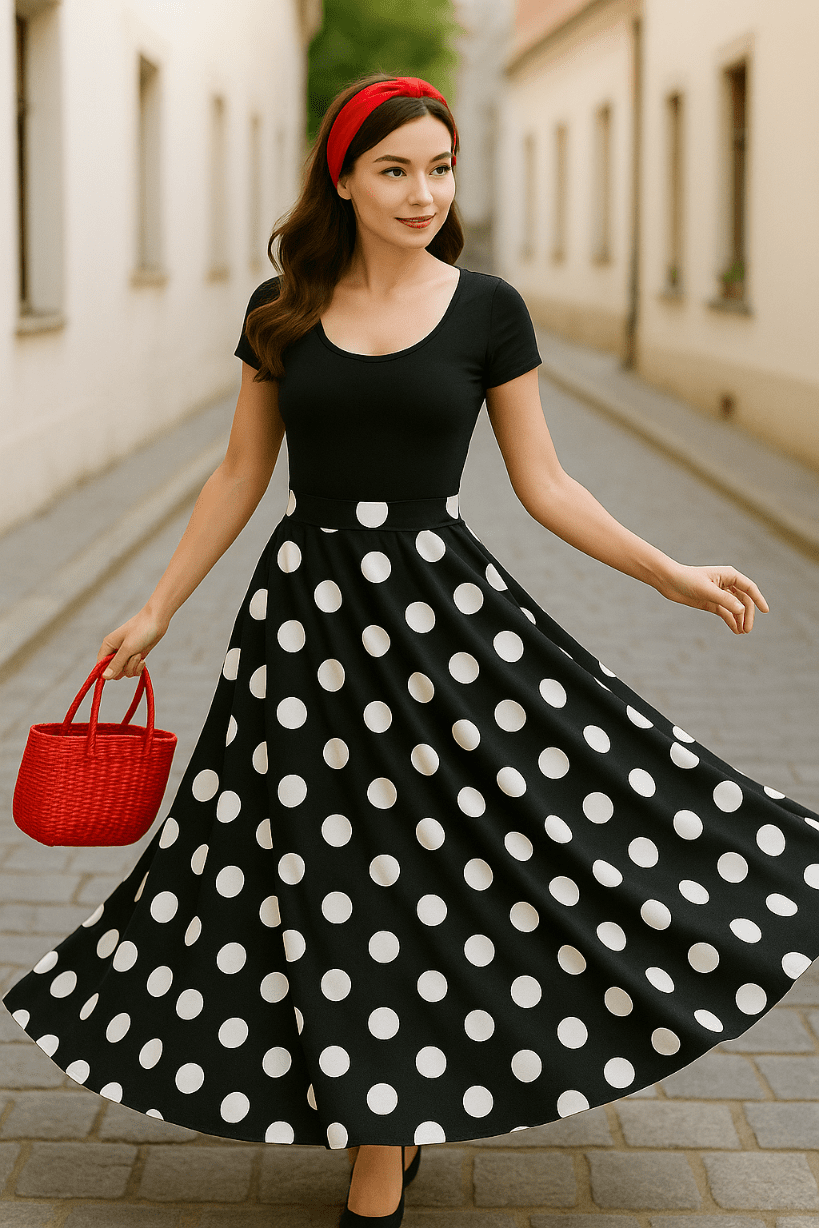 Spódnica Retro maxi w groszki czarna - DANNY