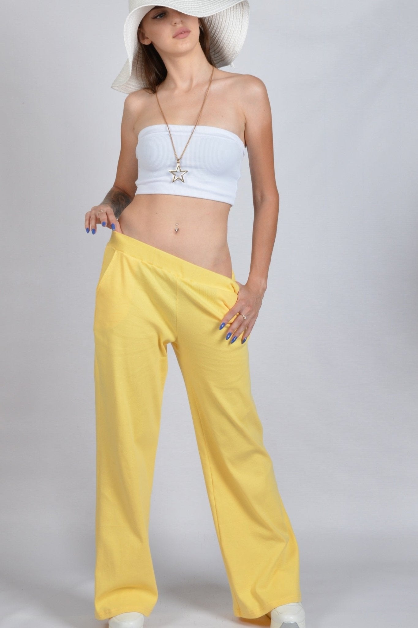 Spodnie bawełniane z szerokimi nogawkami żółty S177 - DANNY