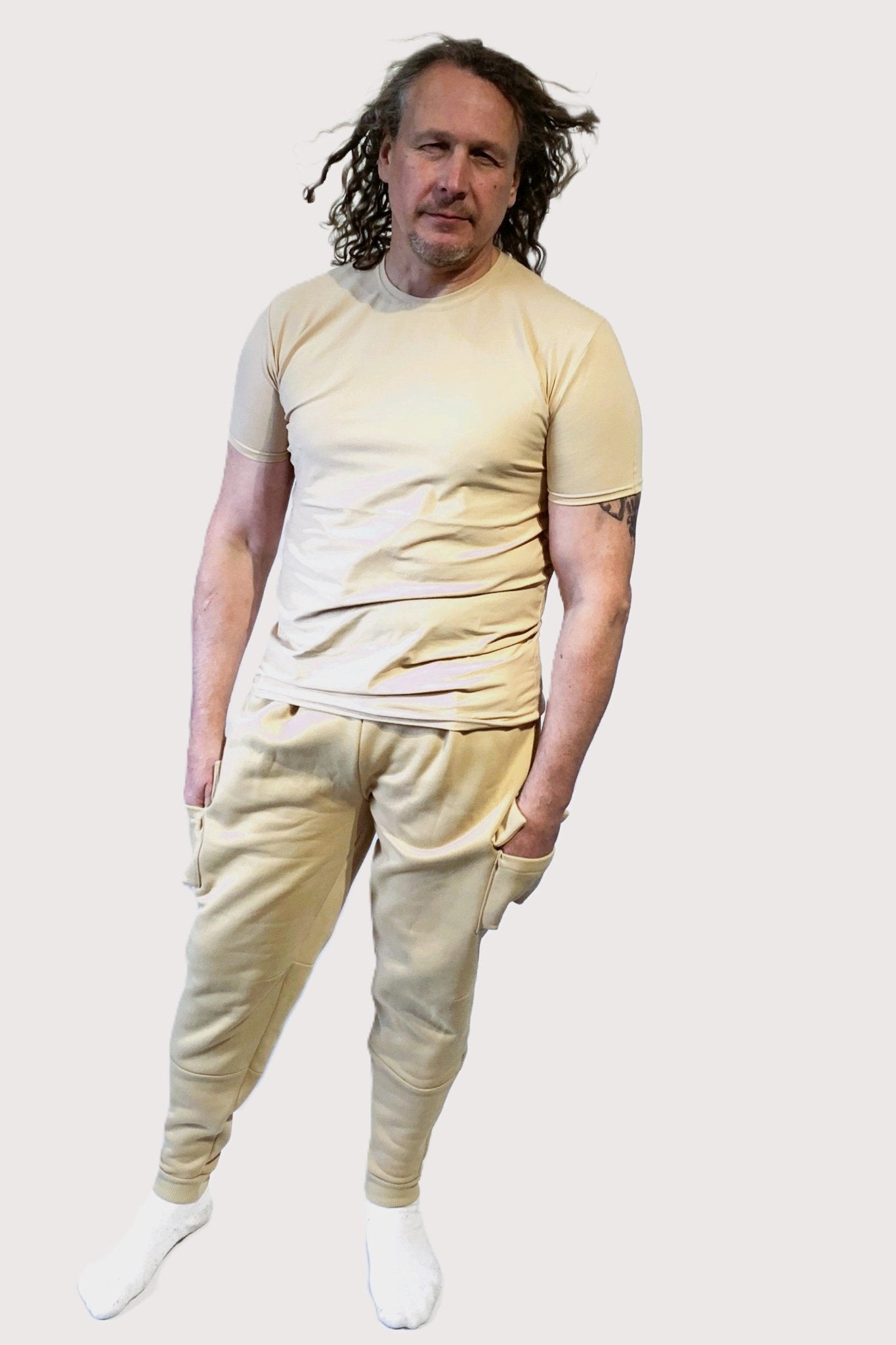 Spodnie dresowe bojówki męskie beżowe W5204 - DANNY