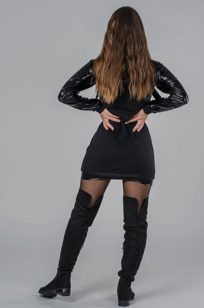 Sukienka czarna ze skórzanymi rękawami S23 - DANNY